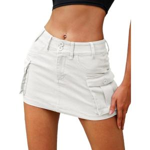 ELLEVEN High Stretchy Cargo Skirt for Women, Low Waist Y2k Mini Skirt Cute Denim Skirt with Pockets(White)