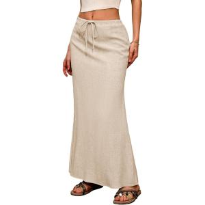 ELLEVEN Linen Flared Maxi Skirt with Back Slit – Elastic Waist Drawstring Long Flowy Ankle-Length Skirt(Beige)