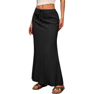 ELLEVEN Linen Flared Maxi Skirt with Back Slit – Elastic Waist Drawstring Long Flowy Ankle-Length Skirt(Black)