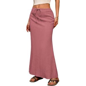 ELLEVEN Linen Flared Maxi Skirt with Back Slit – Elastic Waist Drawstring Long Flowy Ankle-Length Skirt(Dusty Red)
