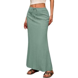 ELLEVEN Linen Flared Maxi Skirt with Back Slit – Elastic Waist Drawstring Long Flowy Ankle-Length Skirt(Green)