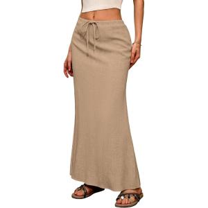 ELLEVEN Linen Flared Maxi Skirt with Back Slit – Elastic Waist Drawstring Long Flowy Ankle-Length Skirt(Khaki)