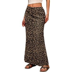 ELLEVEN Linen Flared Maxi Skirt with Back Slit – Elastic Waist Drawstring Long Flowy Ankle-Length Skirt(Leopard Print)