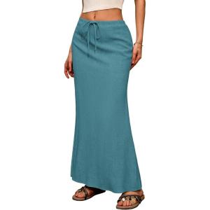 ELLEVEN Linen Flared Maxi Skirt with Back Slit – Elastic Waist Drawstring Long Flowy Ankle-Length Skirt(Peacock Blue)