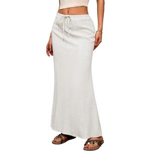 ELLEVEN Linen Flared Maxi Skirt with Back Slit – Elastic Waist Drawstring Long Flowy Ankle-Length Skirt(White)