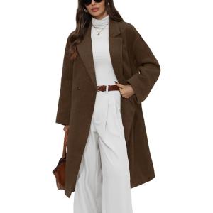 ELLEVEN Long Winter Coats for Women Wool Peacoat Long Sleeve Trench Coat Double Breasted Warm Fall Jackets Casual Outfits Brown Large
