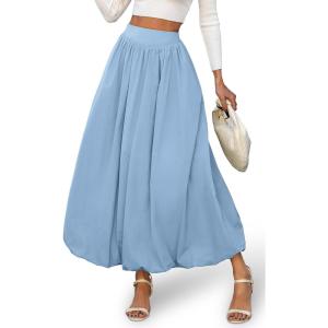 ELLEVEN Women’s Bubble Maxi Fall Winter Skirt, Elastic Waist Puffy Hem A-Line Skirt with Pockets(Airy Blue)