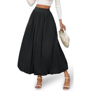 ELLEVEN Women’s Bubble Maxi Fall Winter Skirt, Elastic Waist Puffy Hem A-Line Skirt with Pockets(Black)
