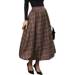 ELLEVEN Women’s Bubble Maxi Fall Winter Skirt, Elastic Waist Puffy Hem A-Line Skirt with Pockets(Brown Plaid Print)