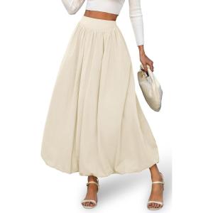 ELLEVEN Women’s Bubble Maxi Fall Winter Skirt, Elastic Waist Puffy Hem A-Line Skirt with Pockets(Cream Apricot)