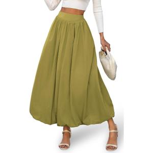 ELLEVEN Women’s Bubble Maxi Fall Winter Skirt, Elastic Waist Puffy Hem A-Line Skirt with Pockets(Green)