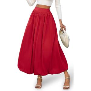 ELLEVEN Women’s Bubble Maxi Fall Winter Skirt, Elastic Waist Puffy Hem A-Line Skirt with Pockets(Rose Red)
