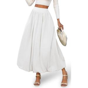 ELLEVEN Women’s Bubble Maxi Fall Winter Skirt, Elastic Waist Puffy Hem A-Line Skirt with Pockets(White)
