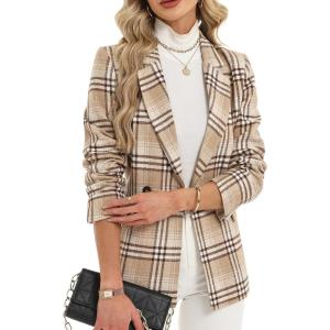 ELLEVEN Women’s Houndstooth Plaid Tweed Blazer, Casual Trendy Double-Breasted Suit Jacket with Pockets Fully Lined(Khaki Plaid)