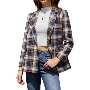 ELLEVEN Women’s Houndstooth Plaid Tweed Blazer, Casual Trendy Double-Breasted Suit Jacket with Pockets Fully Lined(Navy Blue Plaid)