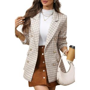 ELLEVEN Womens Oversized Plaid Tweed Blazers, Boyfriend Style Double Breasted Blazer Jacket Casual Outfits(Beige)