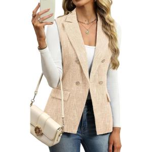 ELLEVEN Women’s Tweed Long Vest, Sleeveless Double-Breasted Blazer Trendy Tops Coat with Pockets(Khaki)