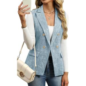 ELLEVEN Women’s Tweed Long Vest, Sleeveless Double-Breasted Blazer Trendy Tops Coat with Pockets(Light Blue)