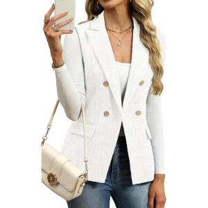 ELLEVEN Women’s Tweed Long Vest, Sleeveless Double-Breasted Blazer Trendy Tops Coat with Pockets(White)