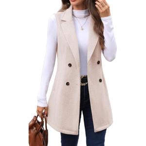 ELLEVEN Women’s Tweed Long Vest Sleeveless Herringbone Double Breasted Fall Winter Blazer Jackets Casual Fashion Outerwear(Beige)