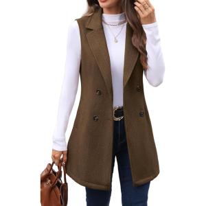 ELLEVEN Women’s Tweed Long Vest Sleeveless Herringbone Double Breasted Fall Winter Blazer Jackets Casual Fashion Outerwear(Brown)