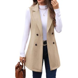 ELLEVEN Women’s Tweed Long Vest Sleeveless Herringbone Double Breasted Fall Winter Blazer Jackets Casual Fashion Outerwear(Khaki)