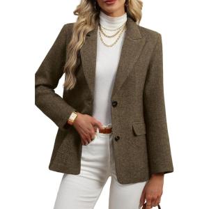 ELLEVEN Womens Wool Blend Tweed Warm Blazers Herringbone Business Casual Fall Winter Oversize Suit Jacket(Brown)