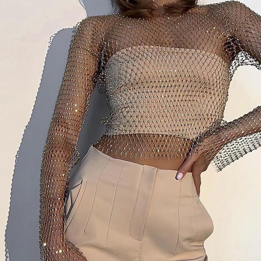 image:imageELLEVEN Rhinestone Crystal Crop Top Long Sleeve Mesh Body Chains See Through Cover up Sparkly Glitter Shirt Party Club WearGold