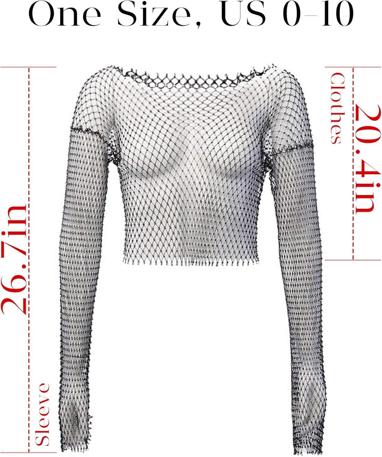 image:imageELLEVEN Rhinestone Crystal Crop Top Long Sleeve Mesh Body Chains See Through Cover up Sparkly Glitter Shirt Party Club WearGold
