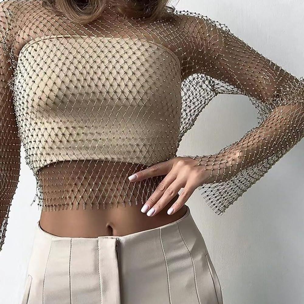 image:imageELLEVEN Rhinestone Crystal Crop Top Long Sleeve Mesh Body Chains See Through Cover up Sparkly Glitter Shirt Party Club WearGold