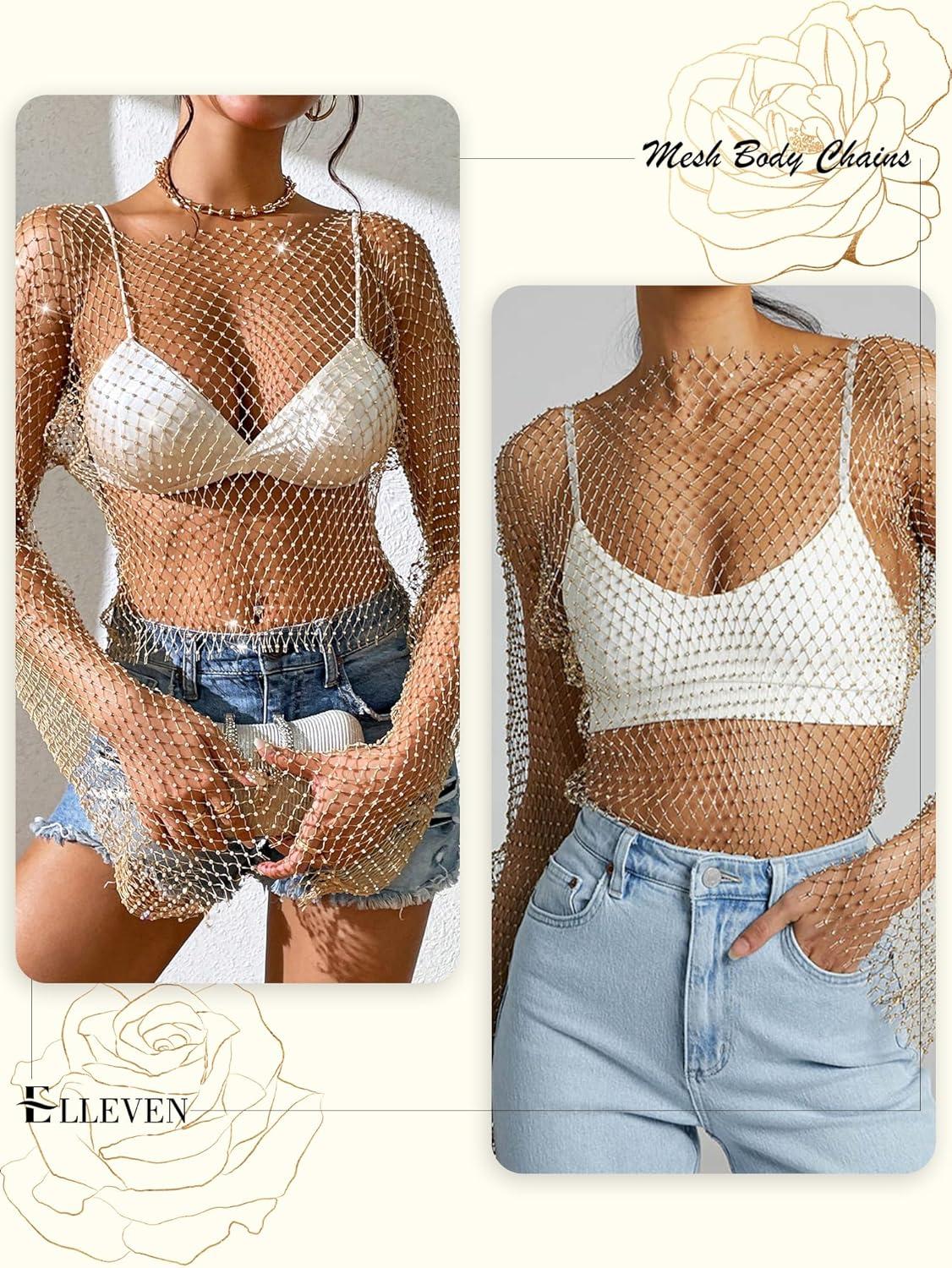 image:imageELLEVEN Rhinestone Crystal Crop Top Long Sleeve Mesh Body Chains See Through Cover up Sparkly Glitter Shirt Party Club WearGold