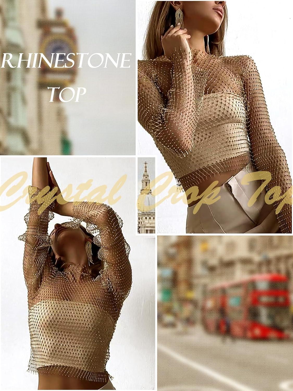 image:imageELLEVEN Rhinestone Crystal Crop Top Long Sleeve Mesh Body Chains See Through Cover up Sparkly Glitter Shirt Party Club WearGold