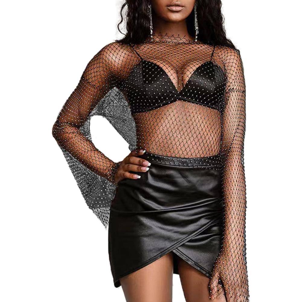 image:imageELLEVEN Rhinestone Crystal Crop Top Long Sleeve Mesh Body Chains See Through Cover up Sparkly Glitter Shirt Party Club WearBlack