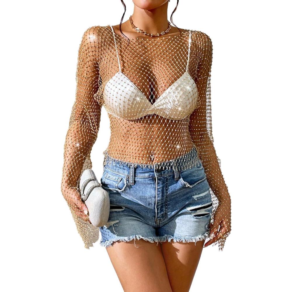 image:imageELLEVEN Rhinestone Crystal Crop Top Long Sleeve Mesh Body Chains See Through Cover up Sparkly Glitter Shirt Party Club WearGold