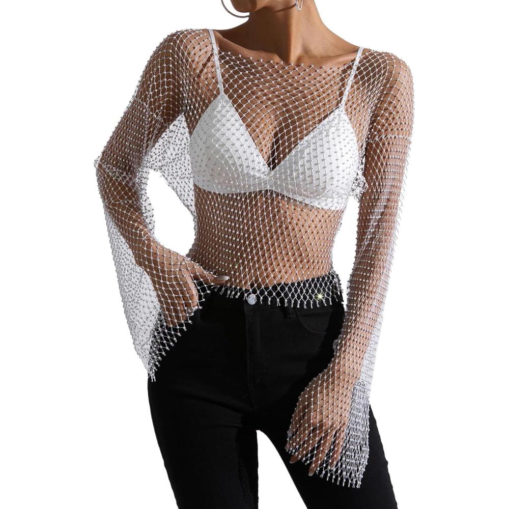 image:imageELLEVEN Rhinestone Crystal Crop Top Long Sleeve Mesh Body Chains See Through Cover up Sparkly Glitter Shirt Party Club WearWhite