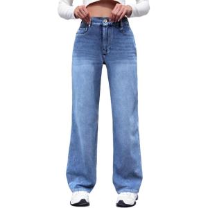 ELLEVEN High Waisted Straight Leg Sweatpant Jeans Woman High Stretchy Pull on Wide Leg Baggy Jeans High Waisted with Elastic Waist Blue Denim Medium