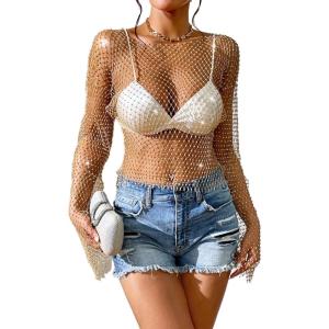ELLEVEN Rhinestone Crystal Crop Top, Long Sleeve Mesh Body Chains See Through Cover up Sparkly Glitter Shirt Party Club Wear(Gold)