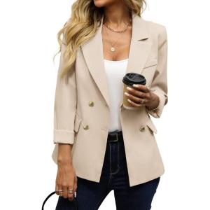 ELLEVEN Women’s Business Casual Blazer,Double Breasted Long Sleeve Slim Fit Office Suit Jackets Work Outfits(Khaki)