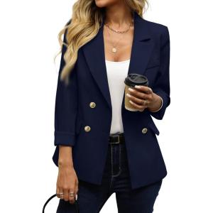 ELLEVEN Women’s Business Casual Blazer,Double Breasted Long Sleeve Slim Fit Office Suit Jackets Work Outfits(Navy Blue)