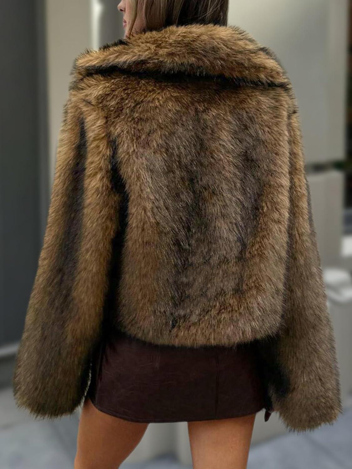 image:imageELLEVEN Womens TwoTone Faux Fur Coat Fluffy Winter Jacket with Lapel Collar Hooks amp PocketsSilverwhite