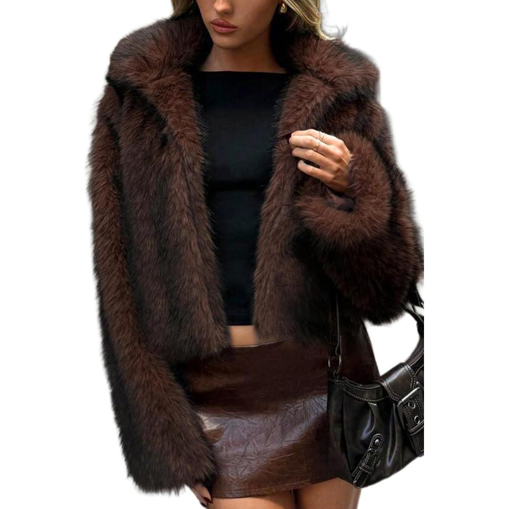 image:imageELLEVEN Womens TwoTone Faux Fur Coat  Fluffy Winter Jacket with Lapel Collar Hooks amp PocketsBurgundy