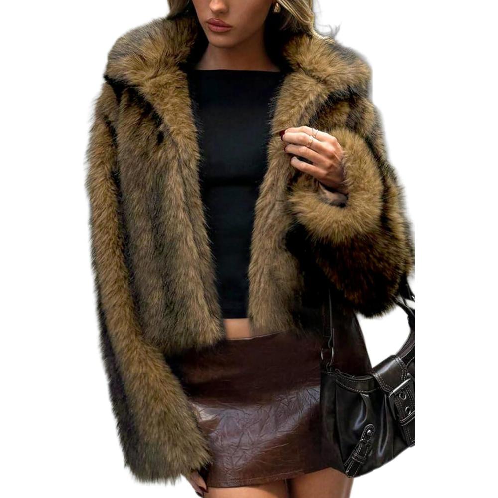 image:imageELLEVEN Womens TwoTone Faux Fur Coat  Fluffy Winter Jacket with Lapel Collar Hooks amp PocketsSilverwhite