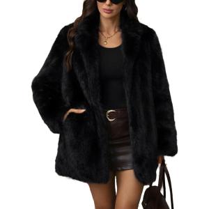 ELLEVEN Women’s Faux Fur Leopard Coat Long Winter Coats, Autumn Notch Lapel Jackets with Pockets(Black)