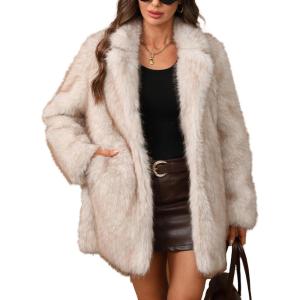 ELLEVEN Women’s Faux Fur Leopard Coat Long Winter Coats, Autumn Notch Lapel Jackets with Pockets(Khaki&white)