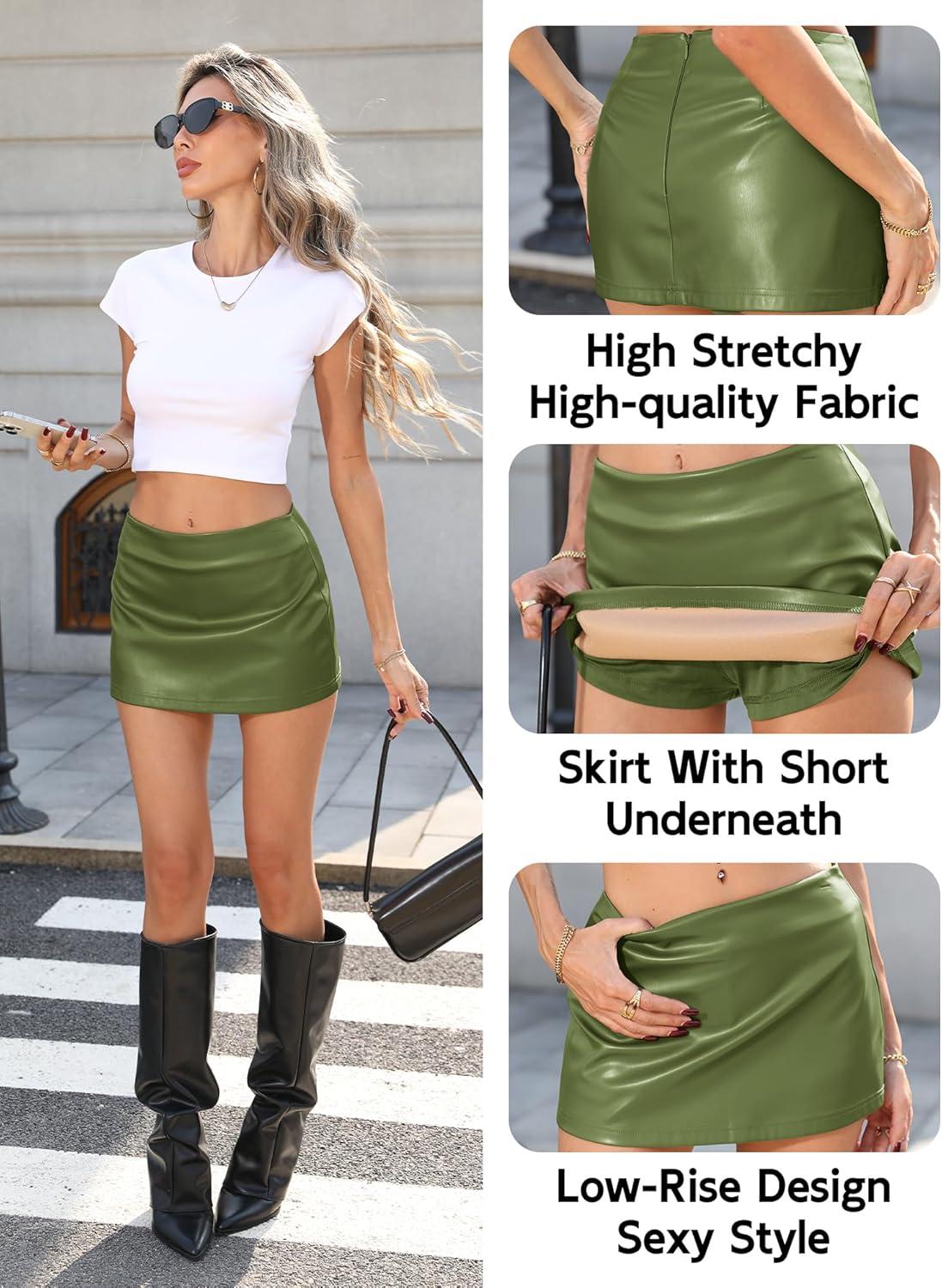 image:imageELLEVEN Low Rise Mini Leather Skirt with Shorts Womens High Stretchy Sexy Micro SkortGreen