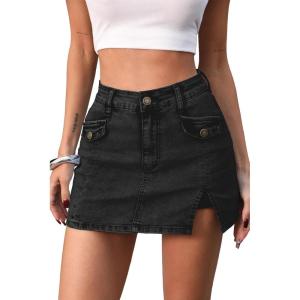 ELLEVEN High Stretch Denim Skort, Side Slit Mini Jean Skirt with Shorts Underneath(Black Denim)