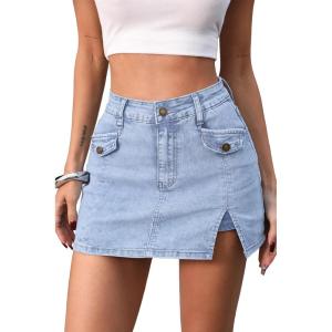 ELLEVEN High Stretch Denim Skort, Side Slit Mini Jean Skirt with Shorts Underneath(Blue Fog)