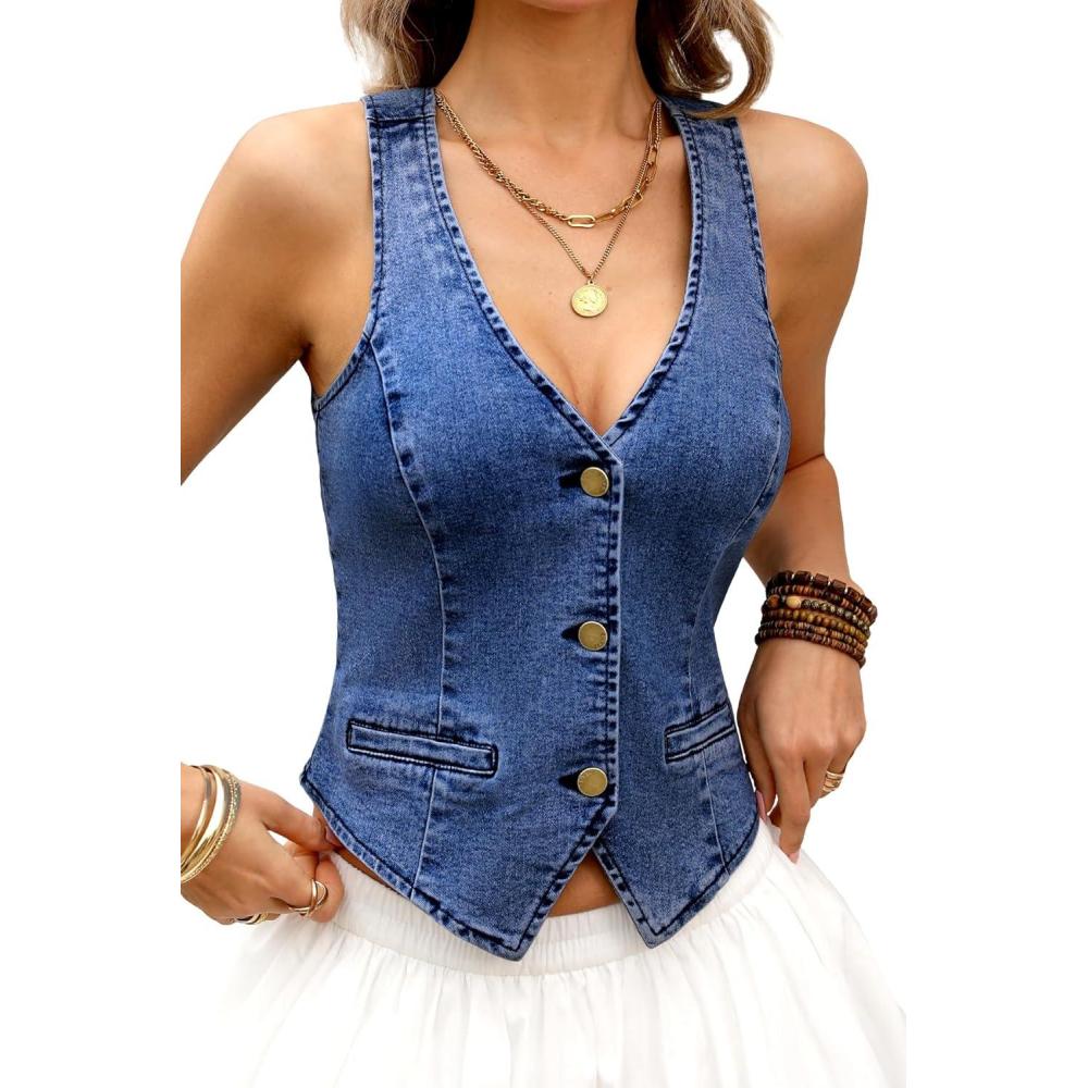 image:imageELLEVEN Womens Summer Cropped Denim Vest High Stretch VNeck Western Country Style Jean Vest with PocketsDark Blue Denim