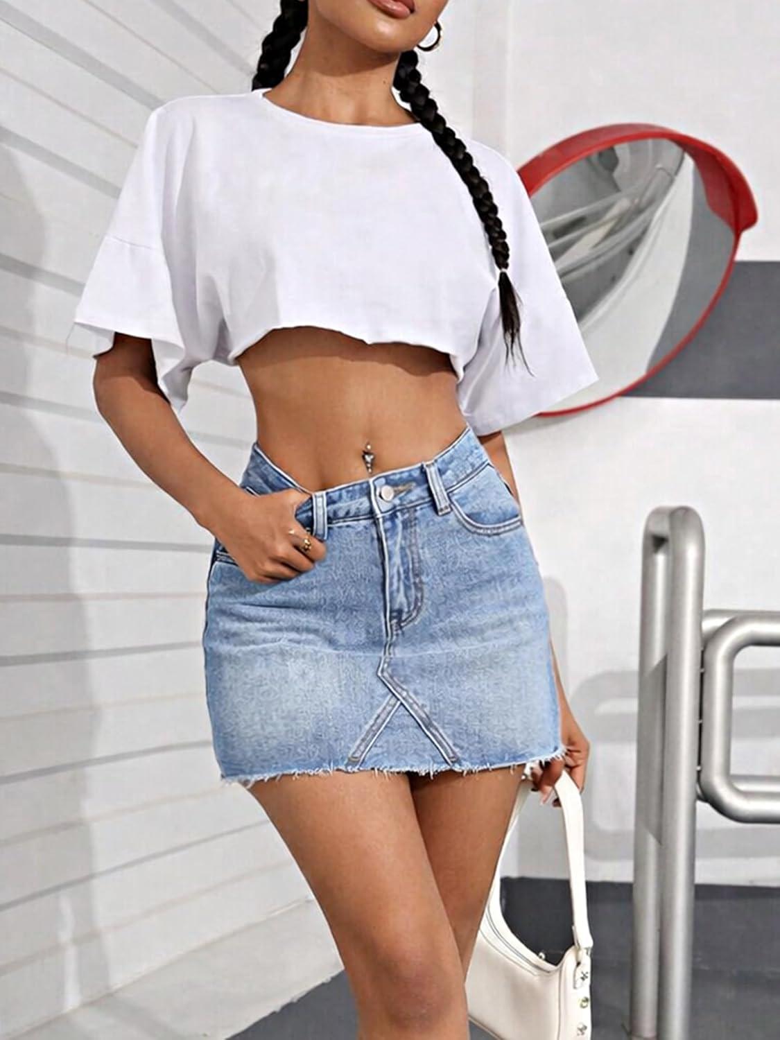 image:imageELLEVEN Denim Mini Skirt Low Rise with Shorts Raw Hem High Stretch Y2k Casual Jean Skort with PocketsLight Blue Denim