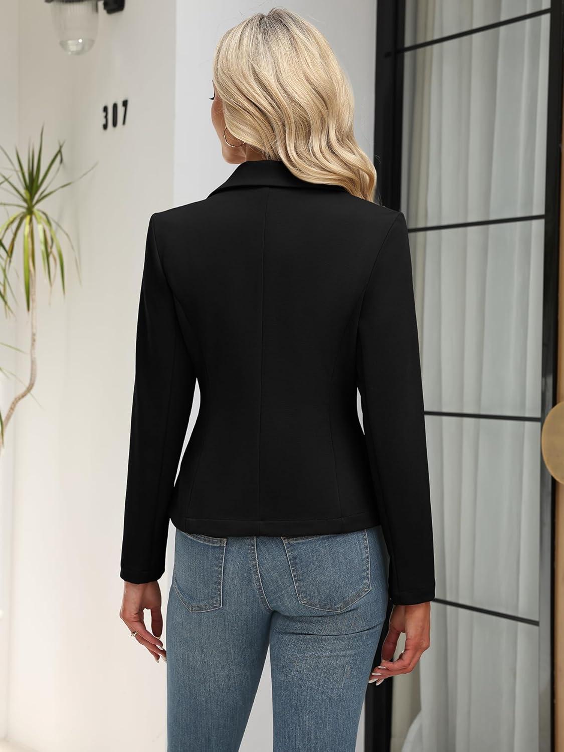 image:imageELLEVEN Womens Work Knit Blazer Stretch Slim Fit HalfLined Lightweight Suit Notched Lapel JacketBlack
